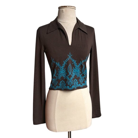 90s vintage morgan de toi crop shirt stripe pattern polo collar long sleeve y2k. - Picture 1 of 8